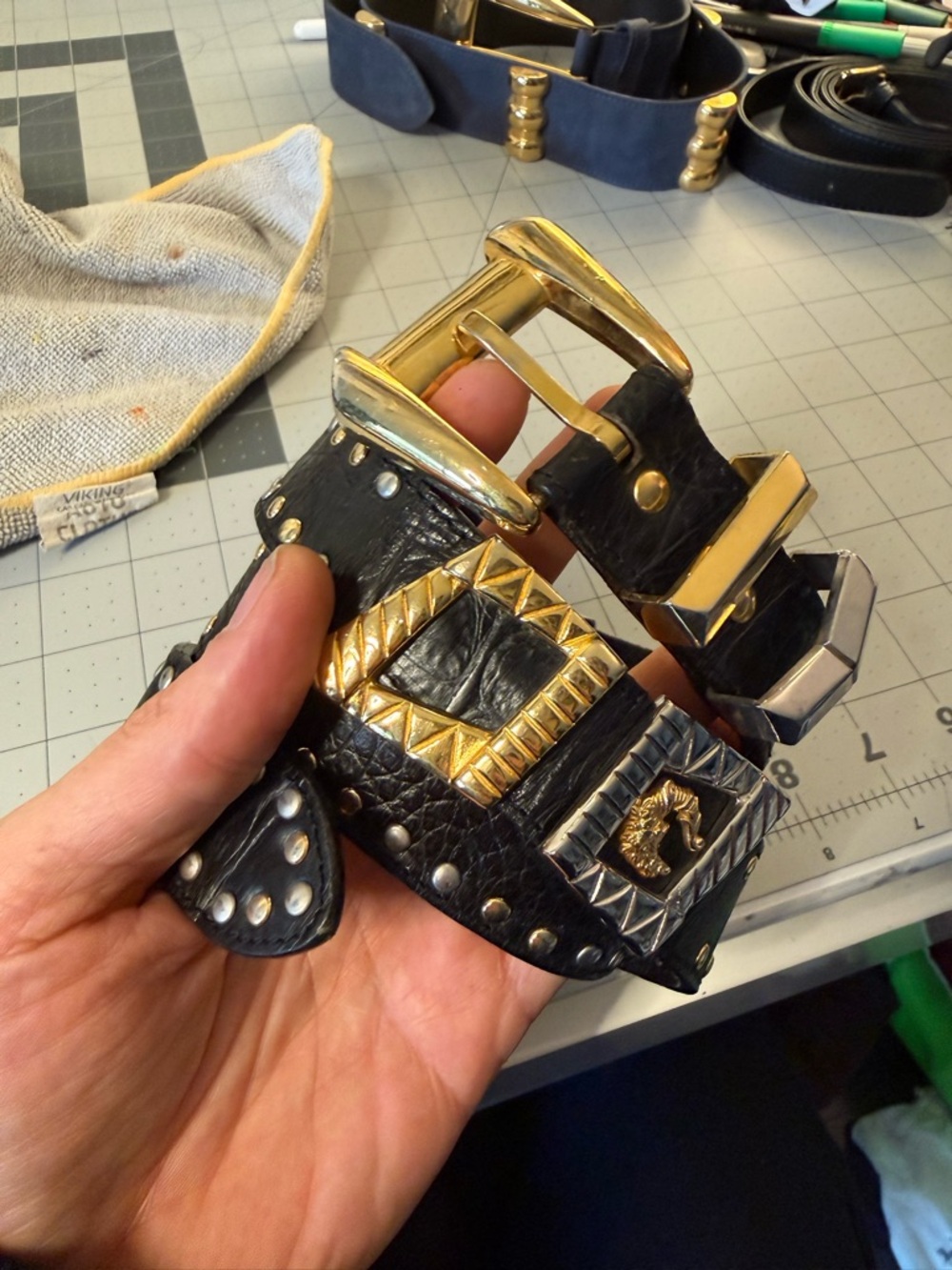 Vintage Istante Versace Black Leather Gold Buckle Belt Size 80, Made In Italy